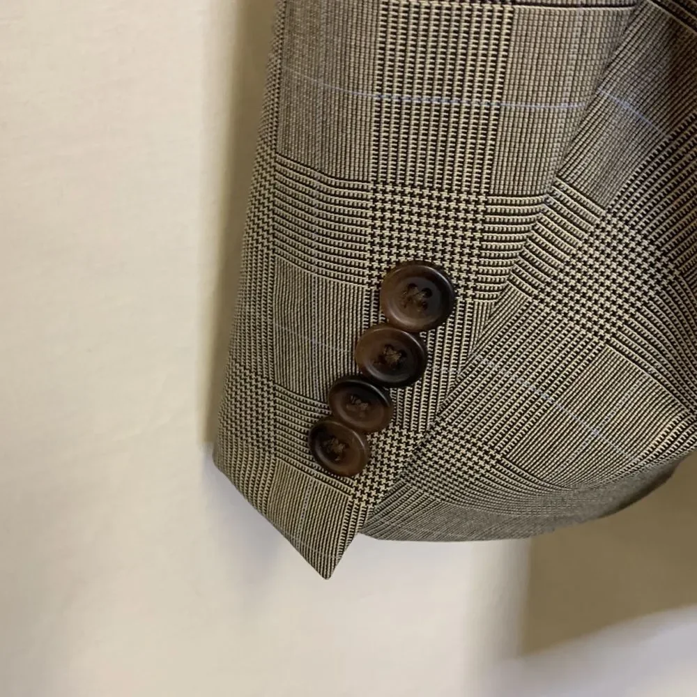 Polo University Club by Ralph Lauren Tan Black Blue Plaid Wool Suit Size 41Tall
